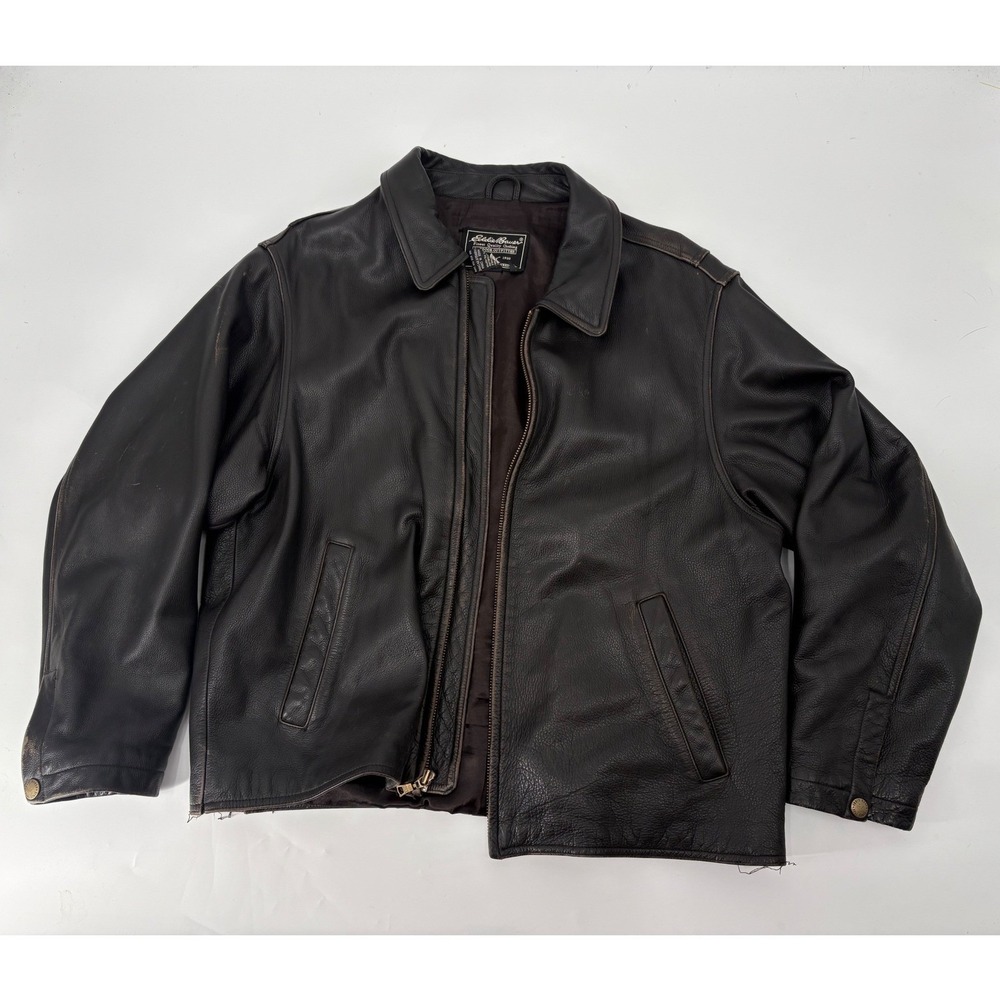 Eddie Bauer Mens Leather Jacket Brown Full Zip Vintage Bomber Coat WPL Large